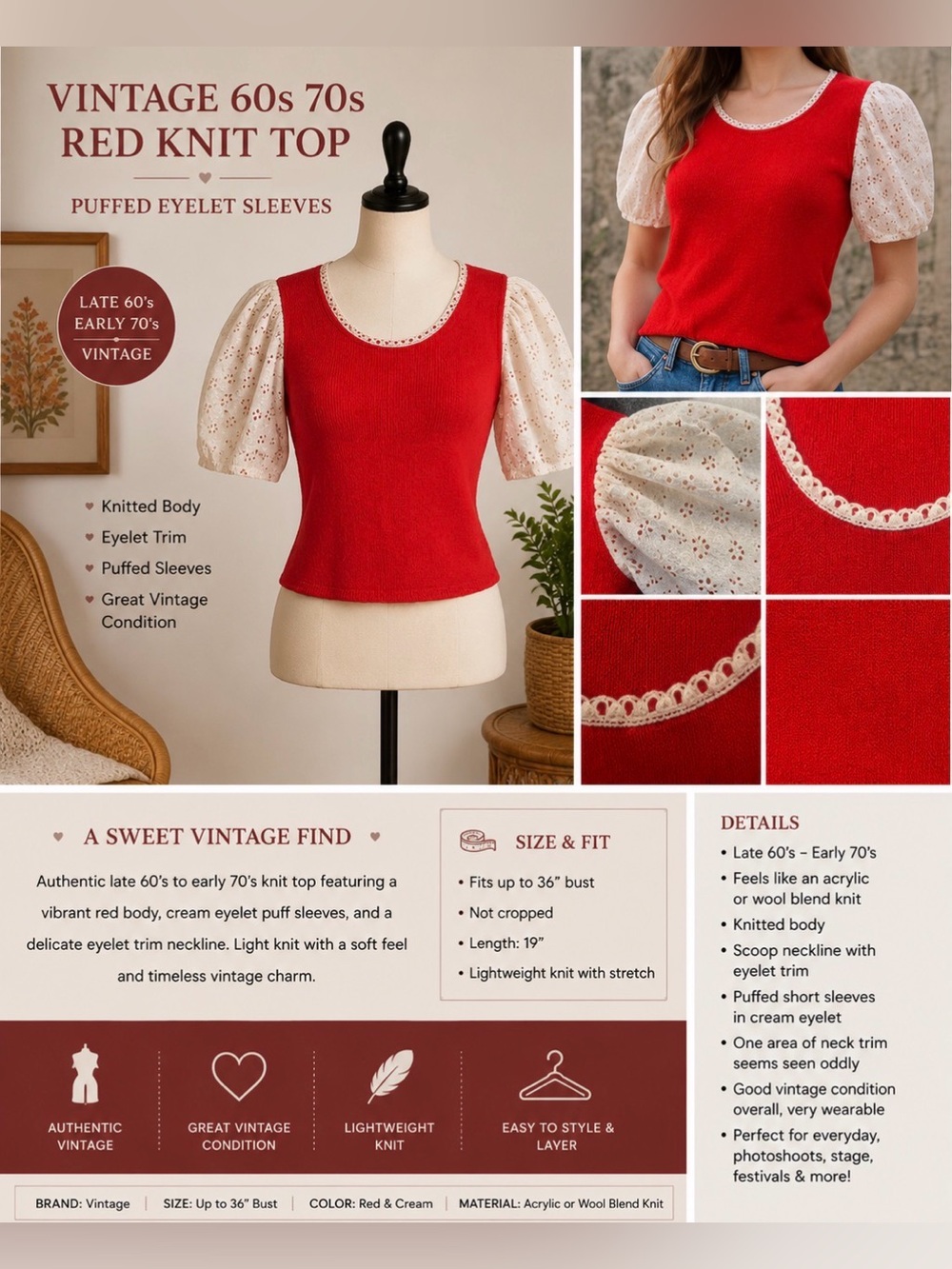 Vintage 60s 70s -Red Knit Short Sleeve Top - puffed cream eyelet sleeves